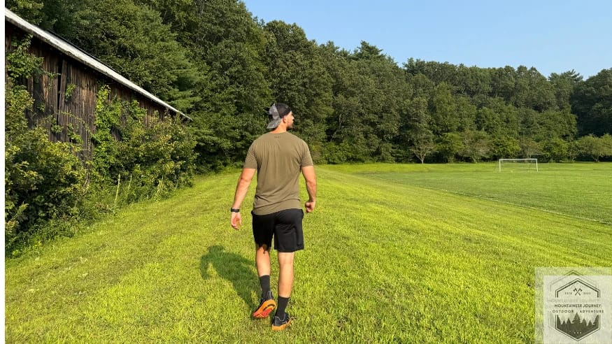 Actively testing the Altra Experience Flow 2 on grass during our objective scoring.