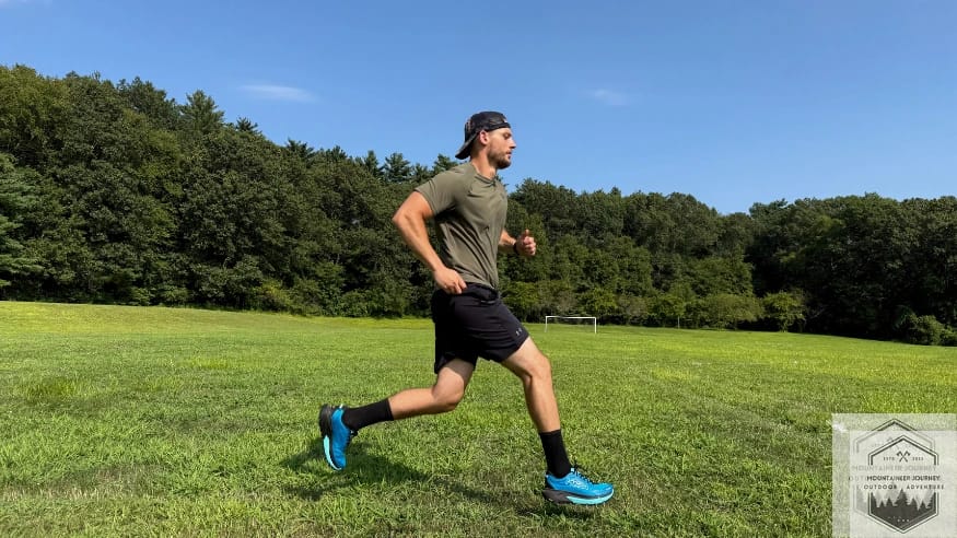Hoka Mafate 5 trail running shoe testing on grass showing high impact absorption