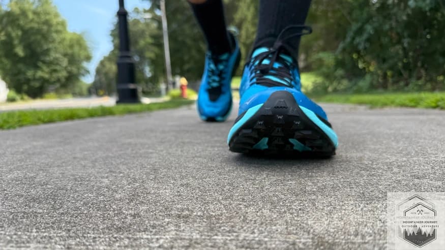 Front view of Hoka Mafate 5 forefoot showing Vibram Megagrip outsole lugs
