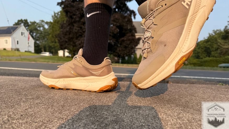 Walking on concrete during our testing of the hoka transport. View of outsole