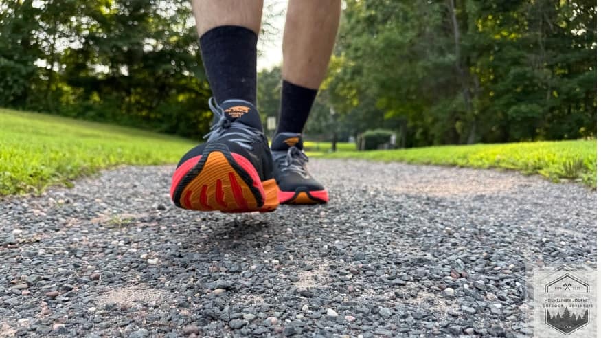 Altra Experience Flow 2 gravel traction test demonstrating the road-to-light-trail versatility of the rubber outsole and EGO P35 foam