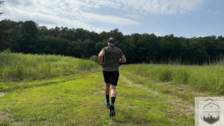 Hoka Mafate 5 trail running shoe testing on a grass field.