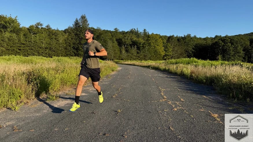 In the middle of stride, during testing of the shoes