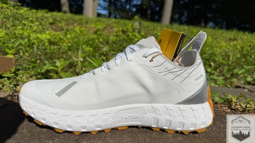 view of the entire shoe with price tag before testing