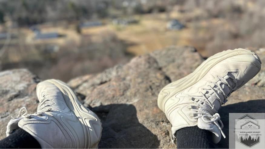 View of the Hoka kaha 3 sitting during a trail after 80 miles of testing.