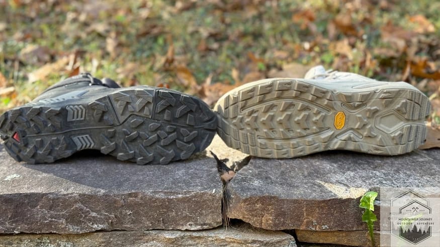 View of the Salomon X-Ultra 5 on the left with the Contagrip outsole view of lugs. View of the Hoka Kaha 3 on the right with Vibram Megagrip lugs and micro spikes.