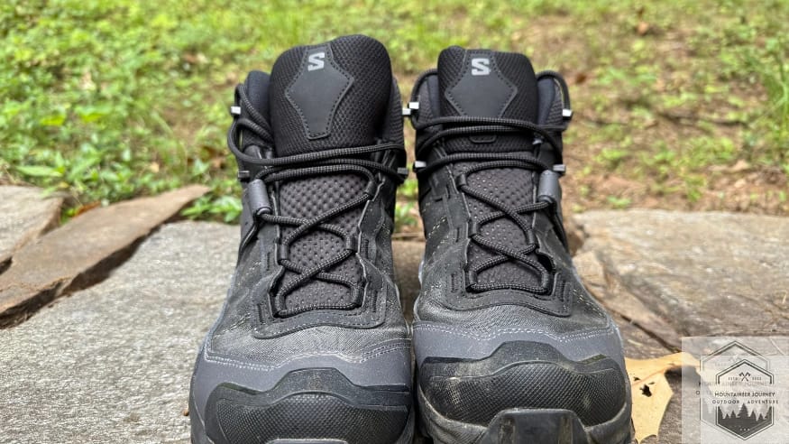 Front view of the hiking boot showing the lacing system.
