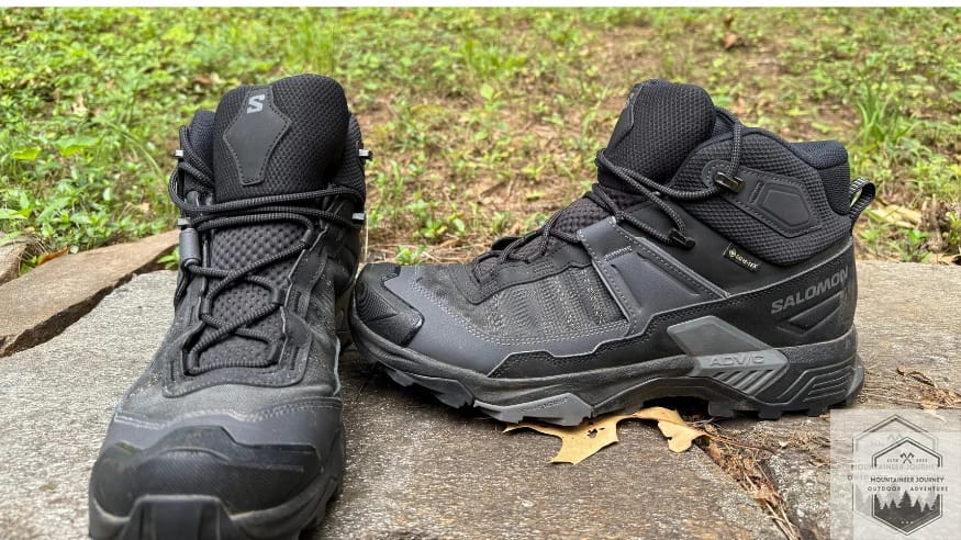 Side view of the Salomon X Ultra 5 and front view of the right boot.