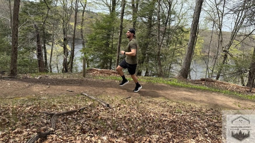 Testing out the Clifton Tone on a trail, noting the more firm ride