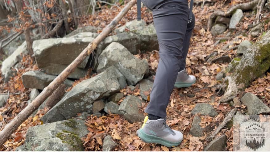 Hiking up slate rocks on trail