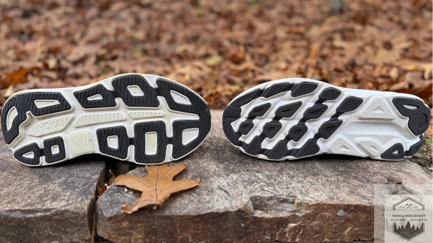 The Hoka Bondi 9 outsole on the left facing the outsole of the Clifton 9 on the right noting the differences in the tread of both shoes.