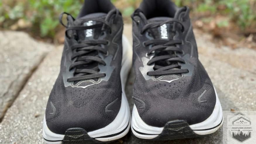 Hoka Clifton 10 toe box close-up showing updated engineered mesh upper and forefoot width