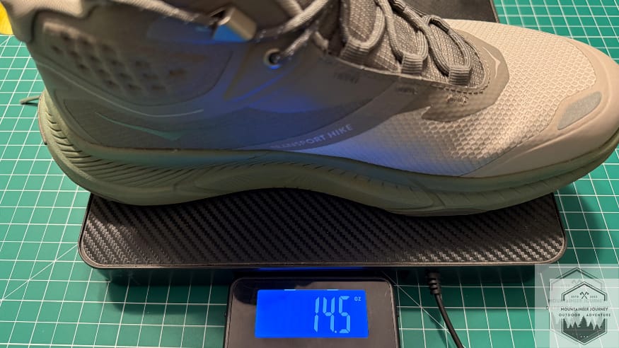 Weighing the Hoka Transport GTX on our scale at 14.5 ounces.