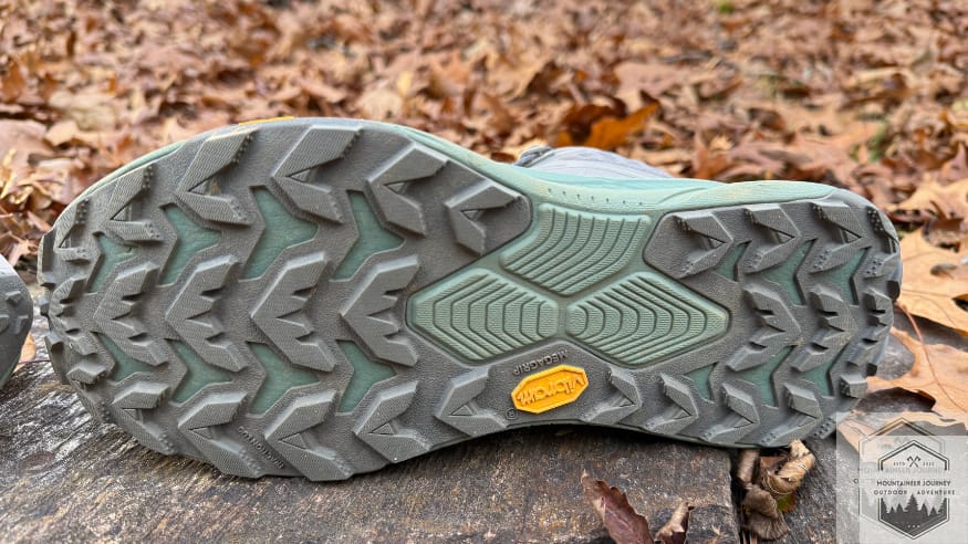 View of the Vibram Megagrip outsole with rubber microspikes