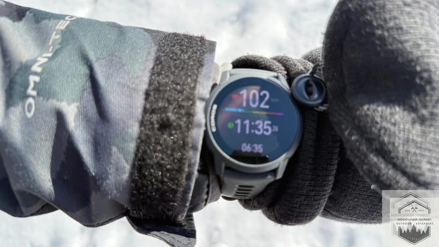 Coros Pace 4 watch face during testing featuring heart rate, time, and distance