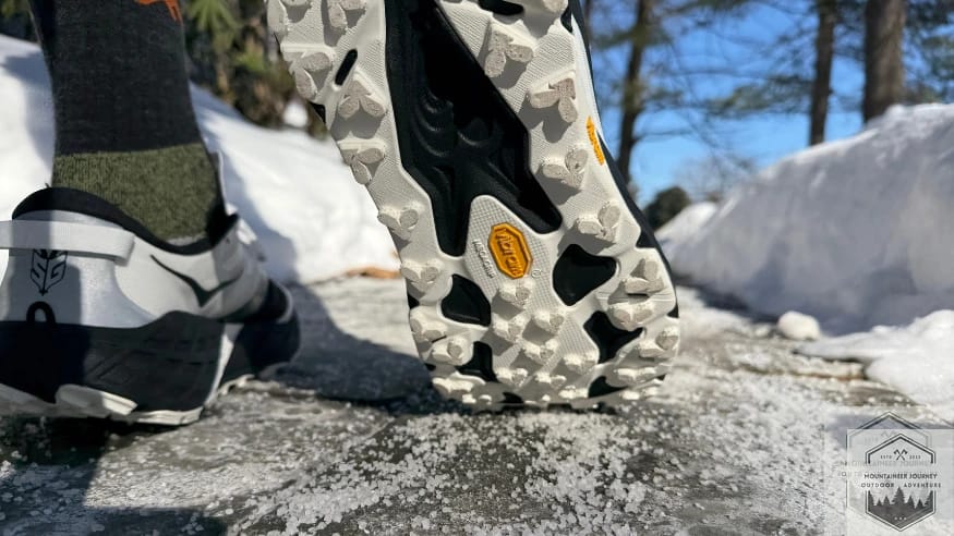 View of outsole during testing on trail
