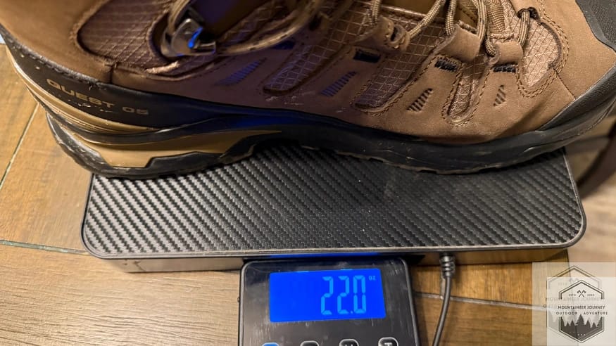 Salomon Quest 5 weighing 22 oz per boot on our scale.