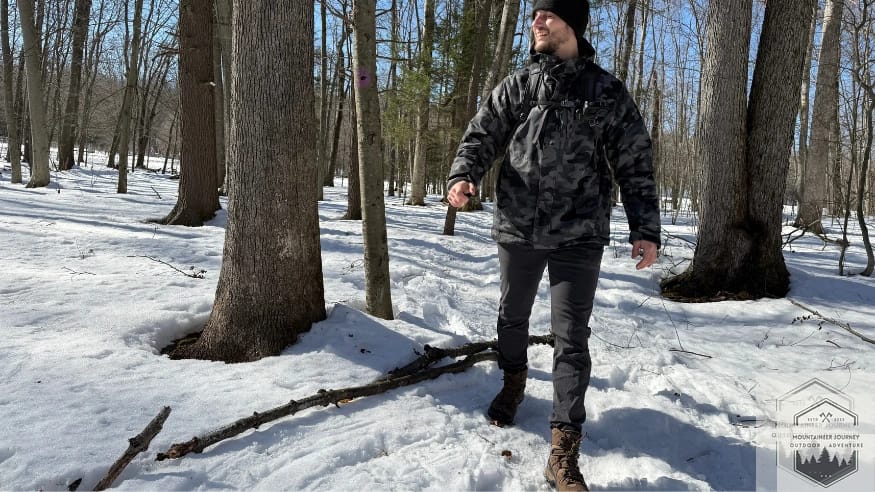 Walking on snowy trail during testing of Quest 5