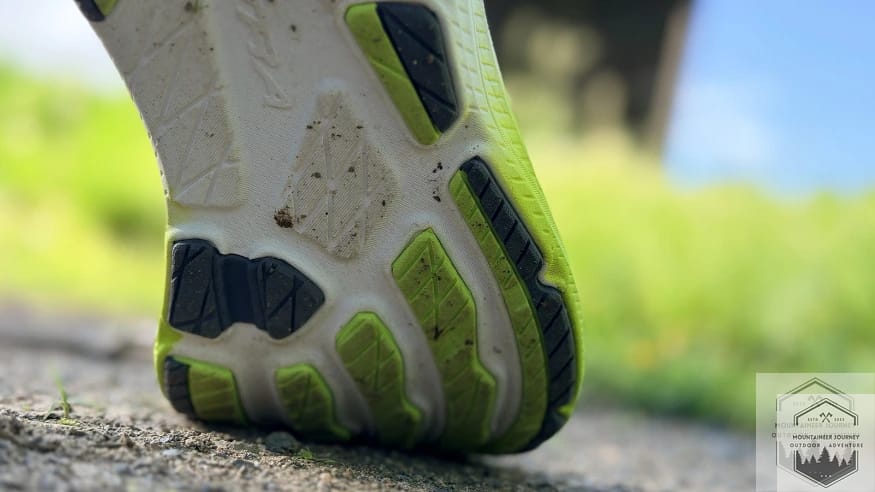 Up-close view of outsole after testing on mixed gravel. Limitations on uneven terrain