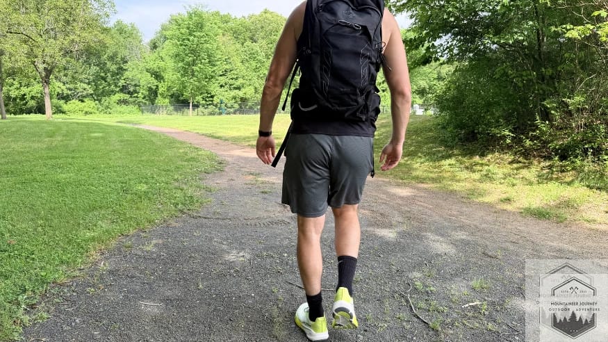 View of us testing out the experience flow through on different types of terrain. Here we are moving on a mixed gravel path to test out all different types of angles for each shoe.