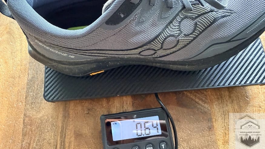 Peregrine 16 on our scale weighing 10.2 ounces per shoe