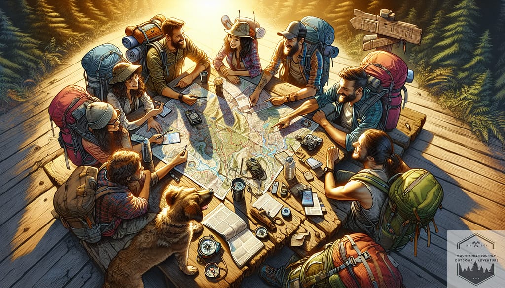 An illustration of a group of hikers planning their hike based on speed and distance.