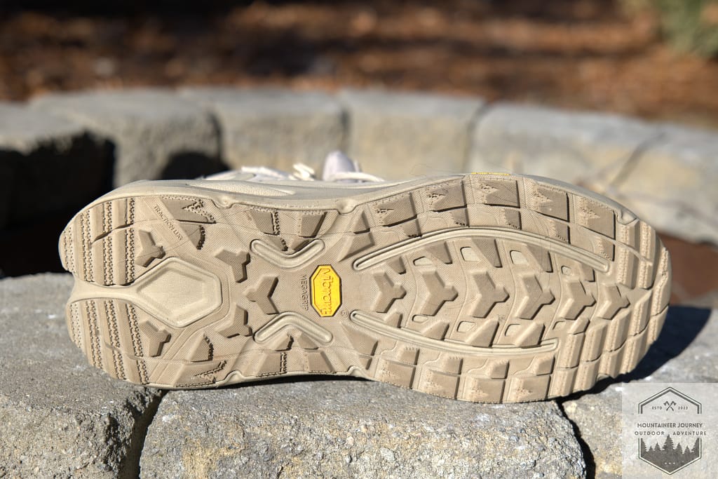 Bottom view of Hoka Kaha 3 outsole revealing intact lugs and no visible wear after a 100 miles of testing