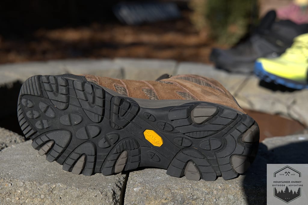 Underside view of the Merrell Moab 3 Vibram® TC5+ outsole after 150 miles of testing, showing no lug breakdown and fully intact traction patterns for technical trails.