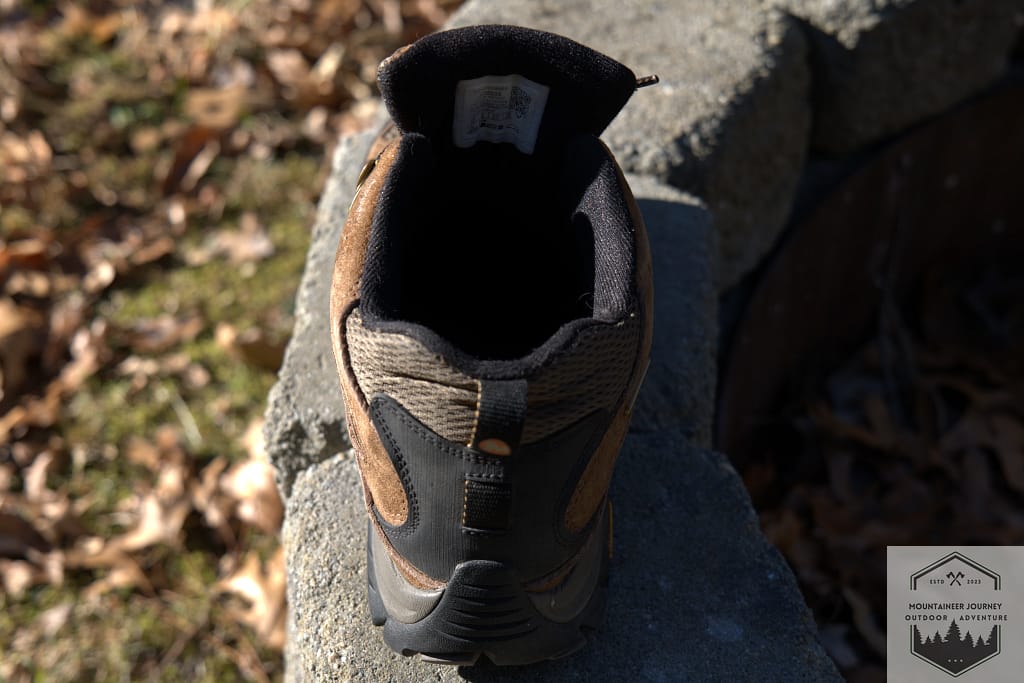 Interior view of the Merrell Moab 3 sock liner after 150 miles of testing, demonstrating intact stitching and zero fabric breakdown or friction holes in the heel collar.