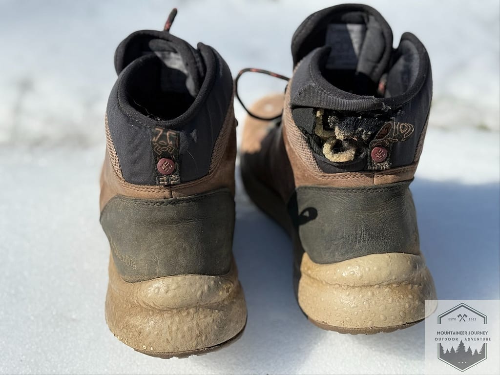 Showing the flattening of the outsole and the hole in the heel cuff