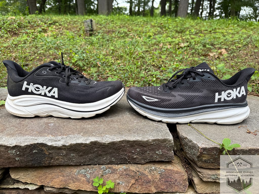 Clifton 10(left) facing the Clifton 9(right). highlighting the sides of both shoes