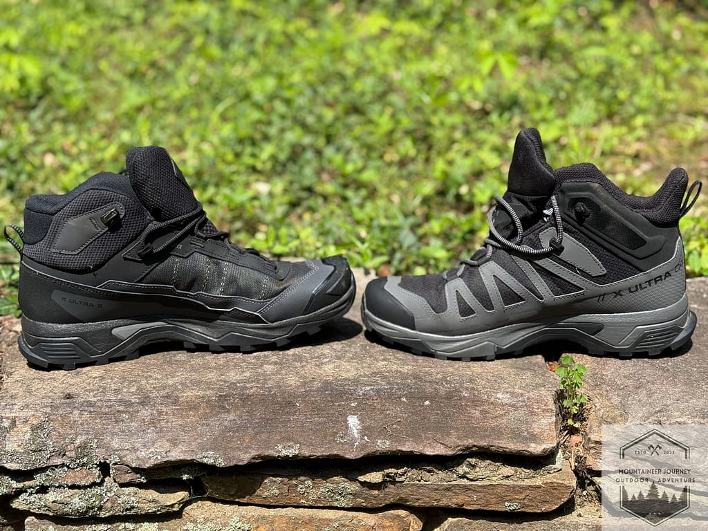 Materials difference- Carbon fiber upper on left hiking boot. Synthetic upper on right hiking boot