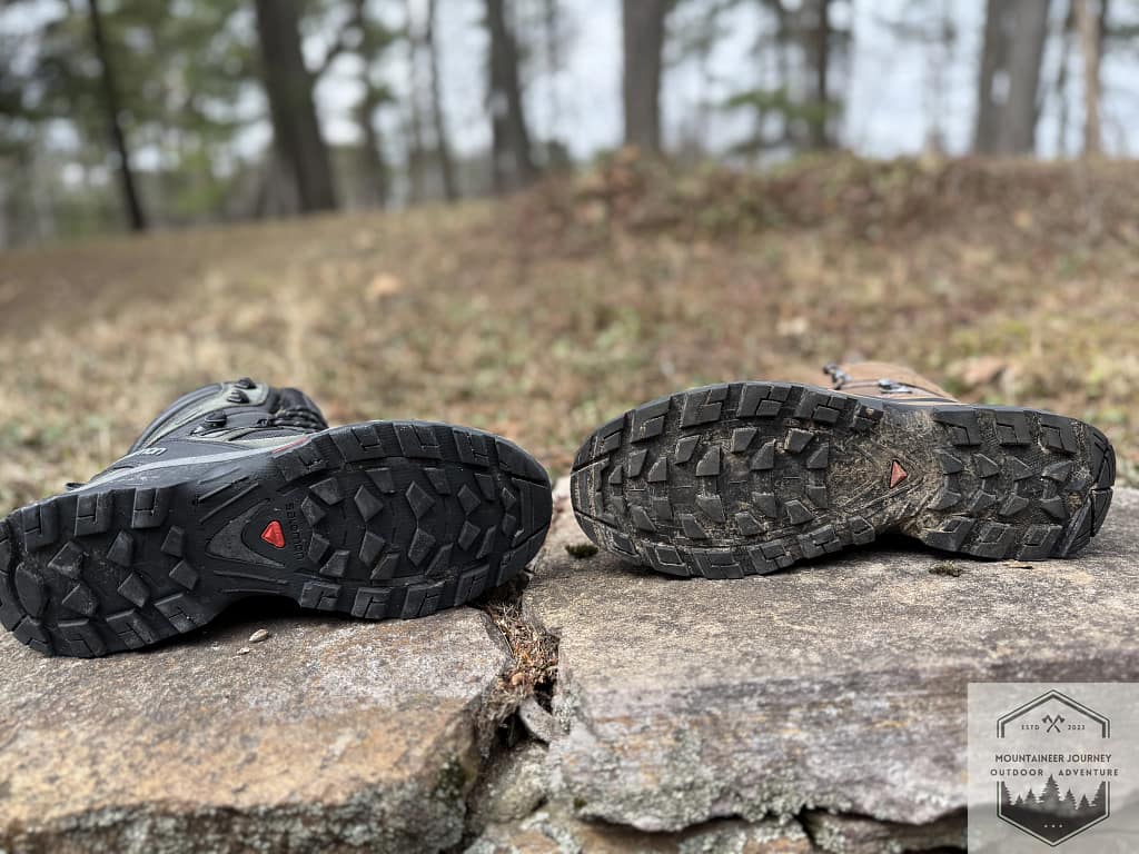 Quest 4(contagrip outsole) facing the Quest 5 outsole