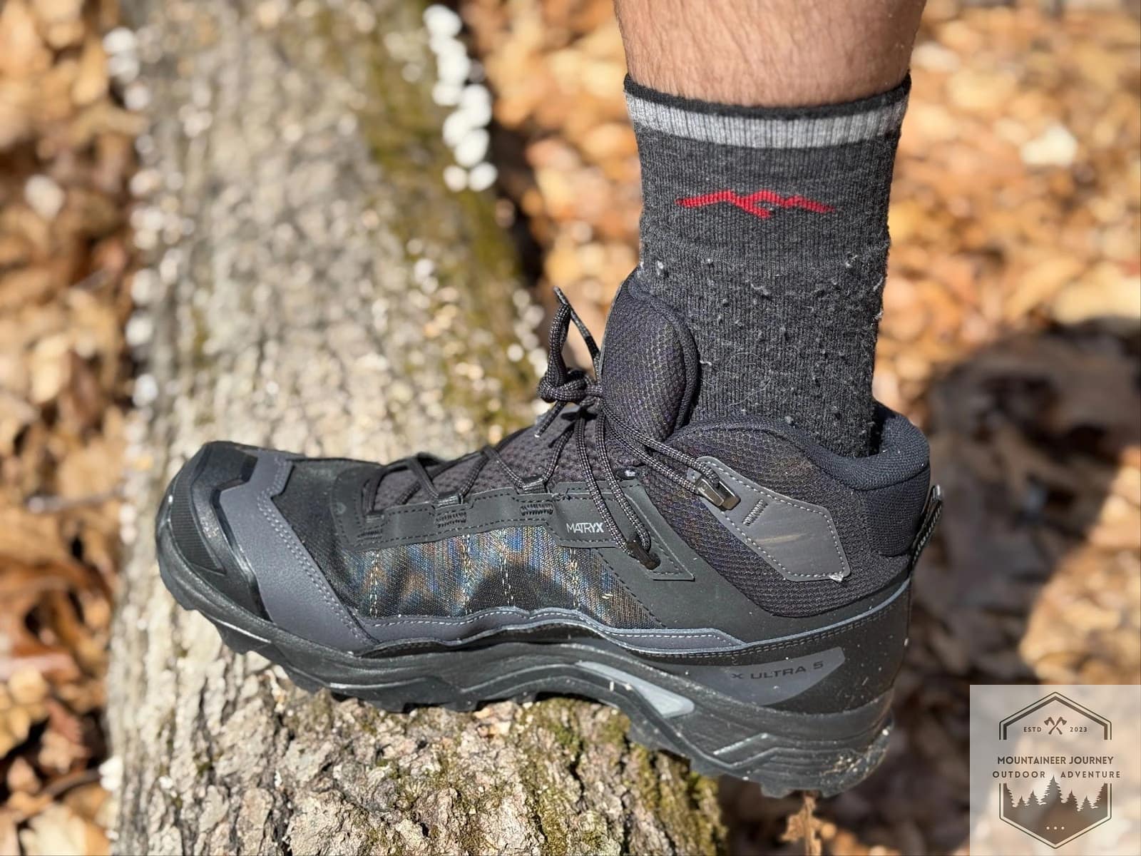 Wearing Darn Tough Hiker Full Cushion during cold-weather hiking.