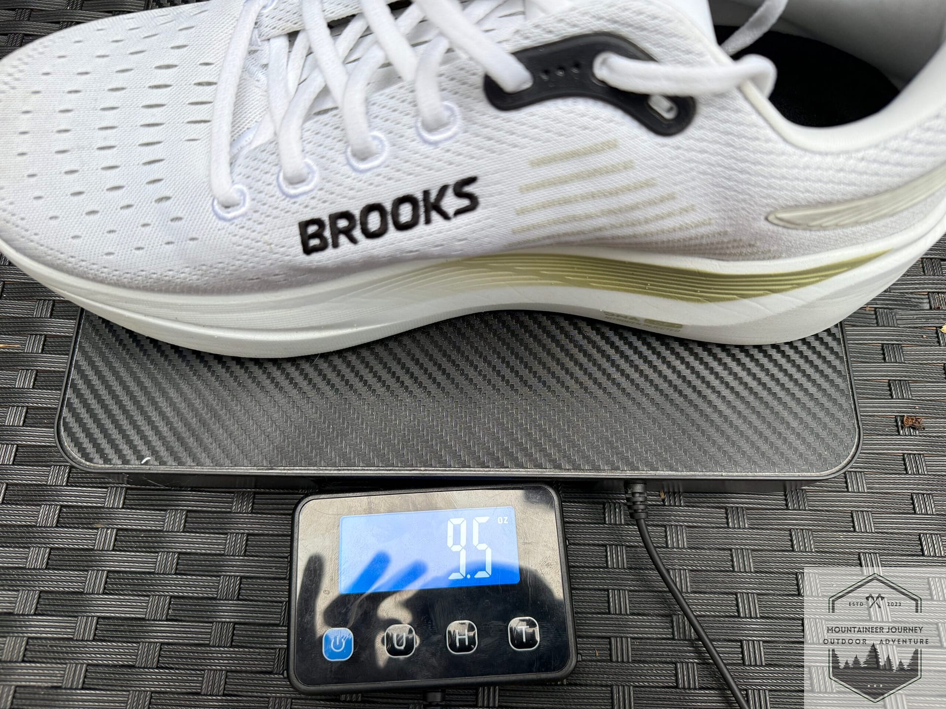 Brooks Ghost Max 3 weighing 9.5 ounces on our scale per shoe.