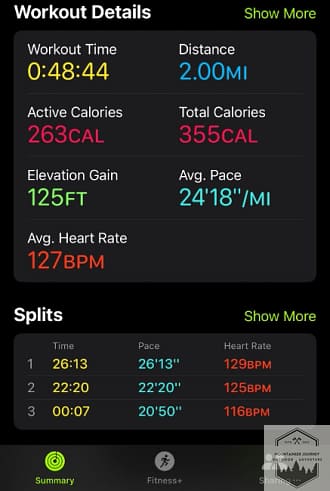 workout details showing calories burned