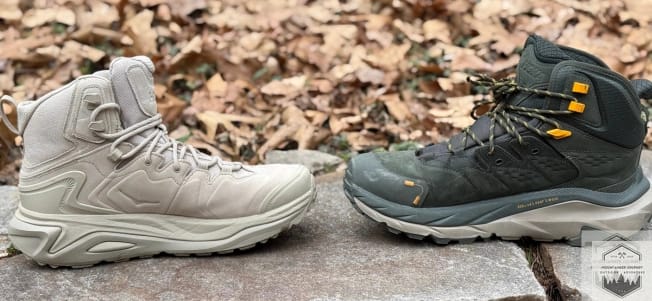 Kaha 3(Left) facing the Kaha 2(right) on a stone wall showing the side view of both boots