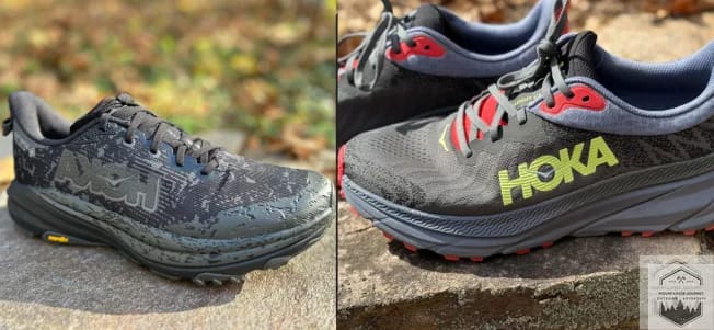 Hoka Speedgoat 6 (on left) facing the Hoka Challenger 7 (On Left)