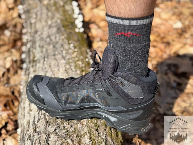 Wearing Darn Tough Hiker Full Cushion during cold-weather hiking.
