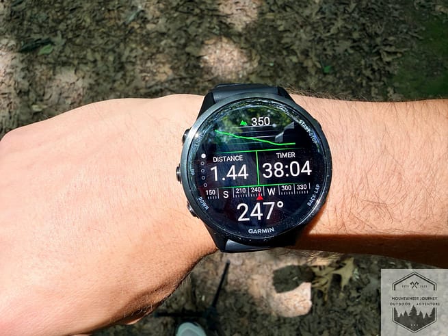 View of hike activity screen revealing the distance, compass direction, time, and elevation