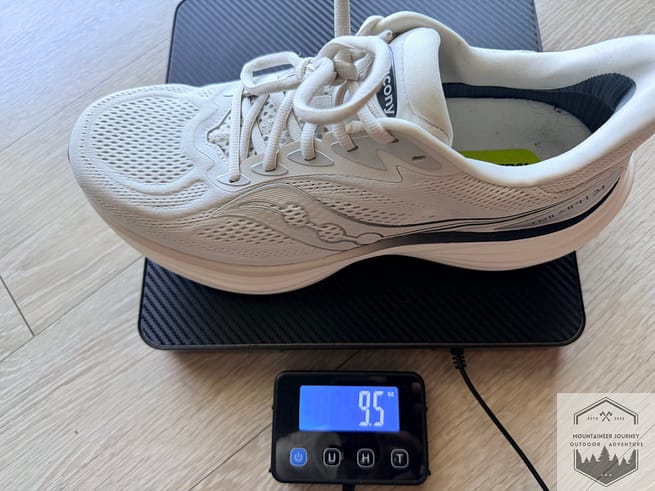 Saucony Triumph 24 weighing 9.5 ounces on our scale per shoe