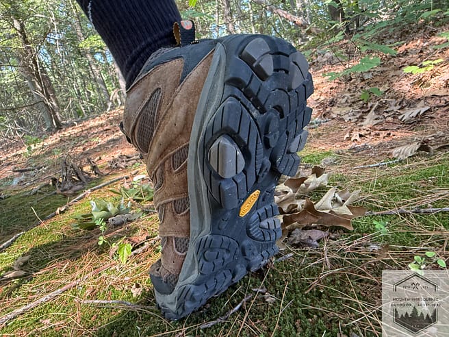 Moab 3 on the trail, view of the outsole, which shows minimal wear, the boot overall is still flexible.