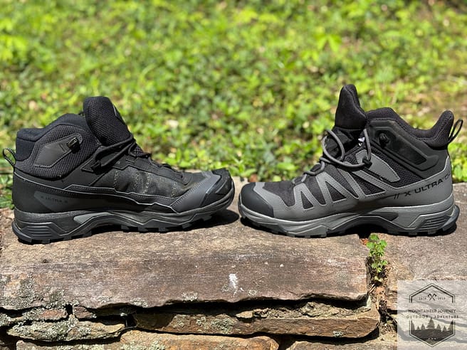 Materials difference- Carbon fiber upper on left hiking boot. Synthetic upper on right hiking boot
