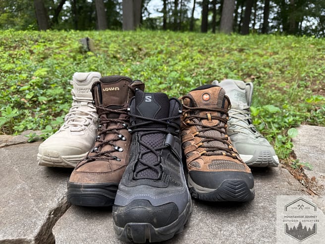 5 Different hiking boots on a wall. Showing the different types of materials and makeup of each