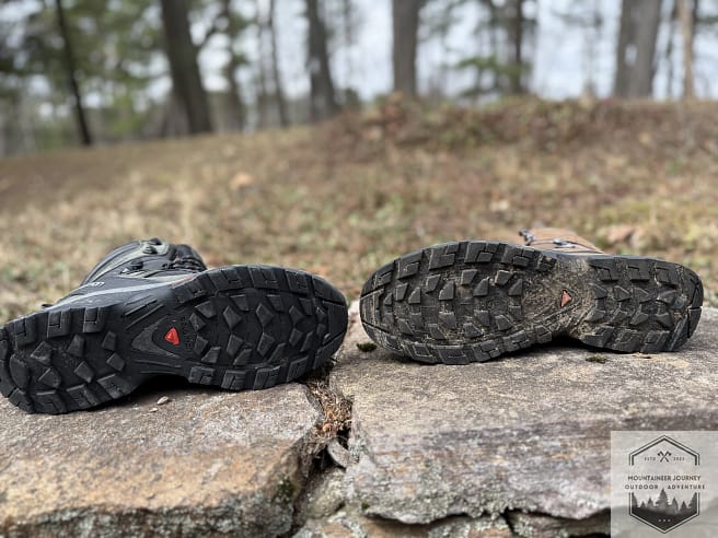 Quest 4(contagrip outsole) facing the Quest 5 outsole