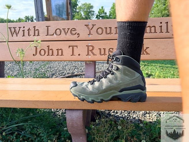 Entire view of La Sportiva Ultra Raptor 3 boots on bench
