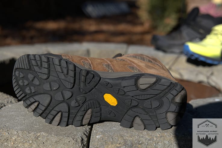 Underside view of the Merrell Moab 3 Vibram® TC5+ outsole after 150 miles of testing, showing no lug breakdown and fully intact traction patterns for technical trails.