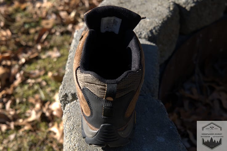 Interior view of the Merrell Moab 3 sock liner after 150 miles of testing, demonstrating intact stitching and zero fabric breakdown or friction holes in the heel collar.