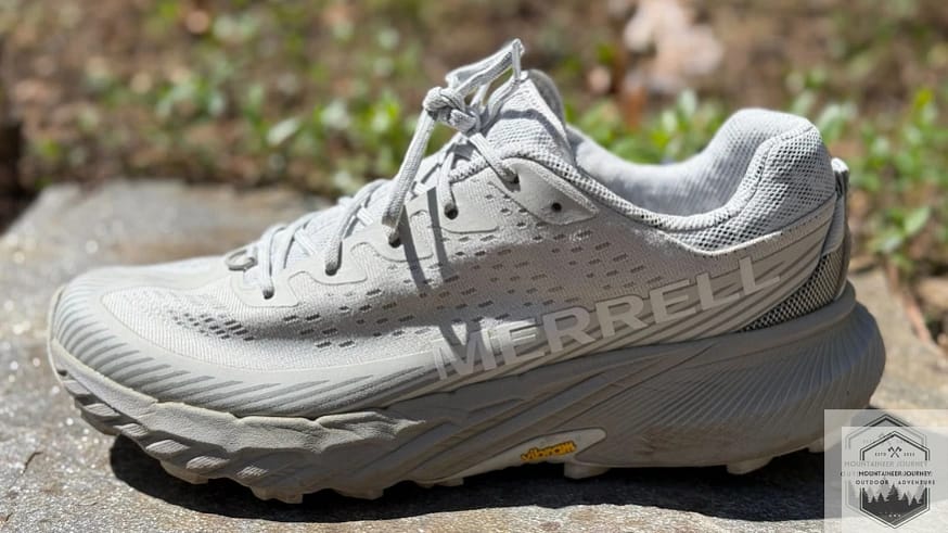 Medial side view of the Merrell Agility Peak 5 highlighting the Vibram Megagrip logo and the high-rebound FloatPro midsole.