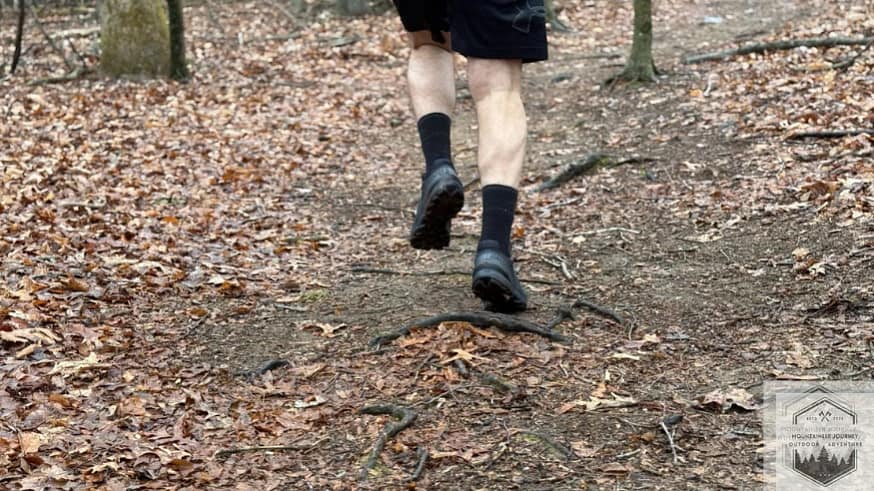 Testing the Salomon Speedcross 6 protection while running over large tree roots, highlighting the impact-absorbing EnergyCell+ midsole and reinforced toe cap.